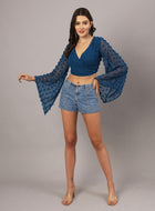 Georgette Angle Sleeve Teal Blue Wrap Top