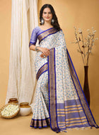 White-Blue Dola Silk Cotton Saree with leaf print