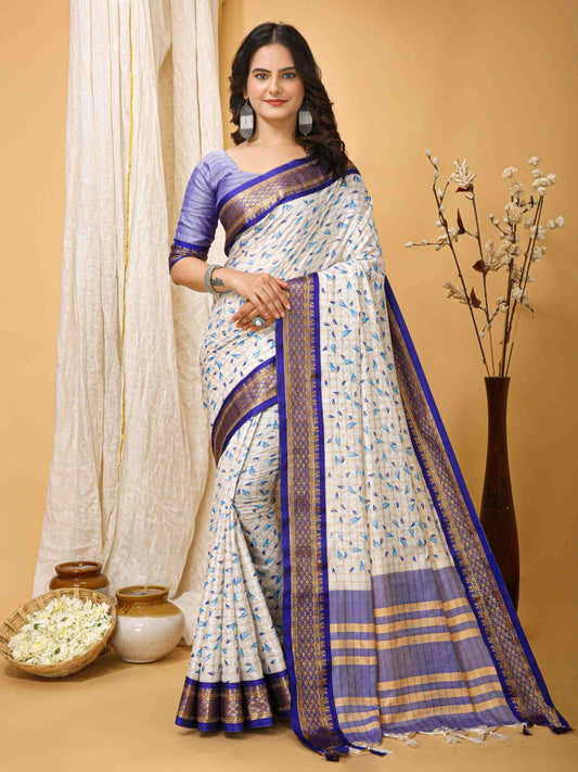 White-Blue Dola Silk Cotton Saree with leaf print