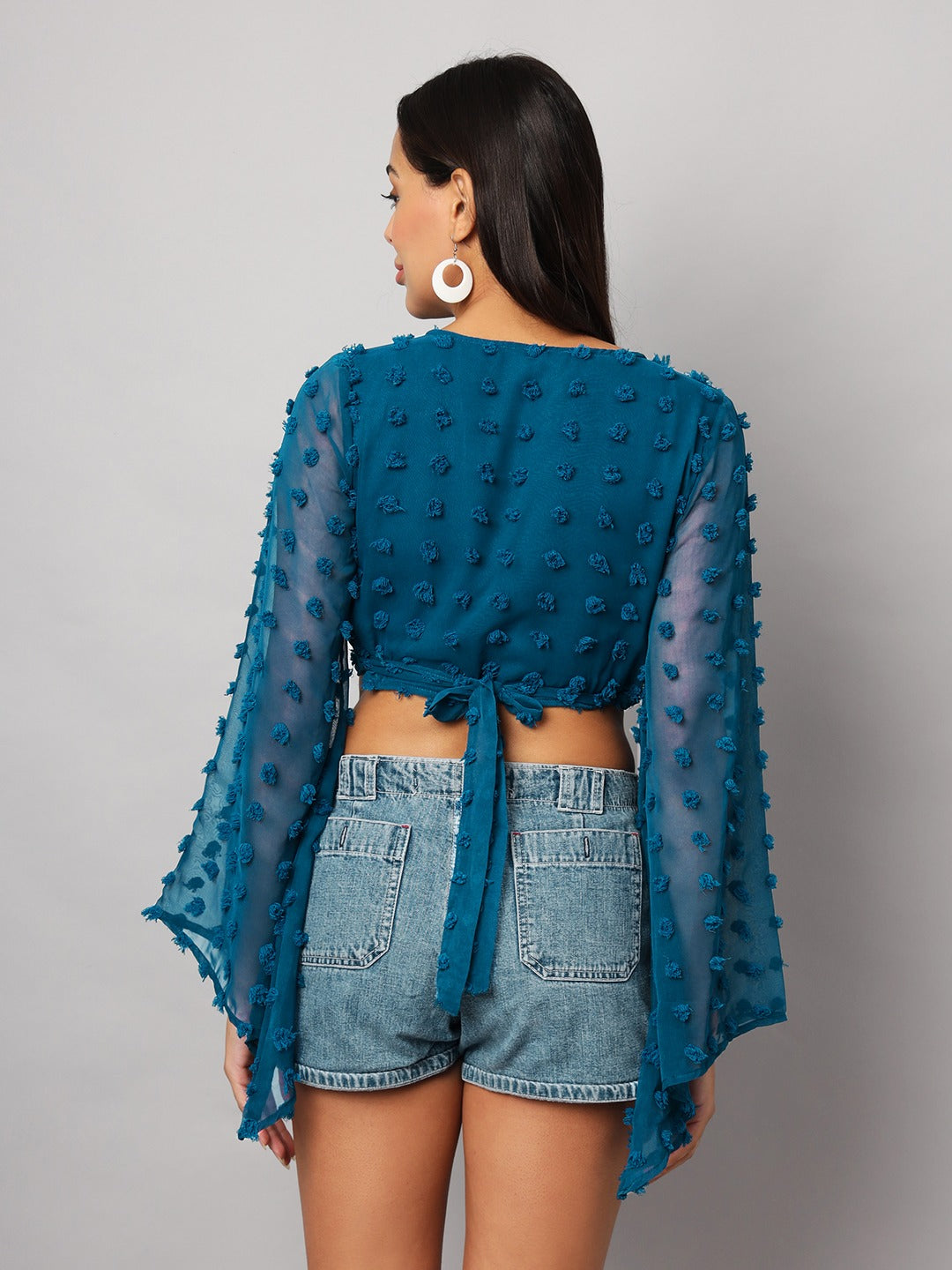 Georgette Angle Sleeve Teal Blue Wrap Top