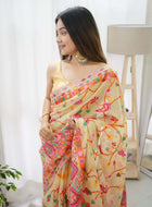 Light Yellow Pashmina Saree intricate Kachi work