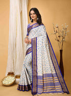 White-Blue Dola Silk Cotton Saree with leaf print