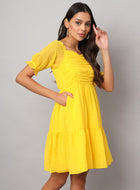 Yellow Chiffon Midi Western Dress with Pocket