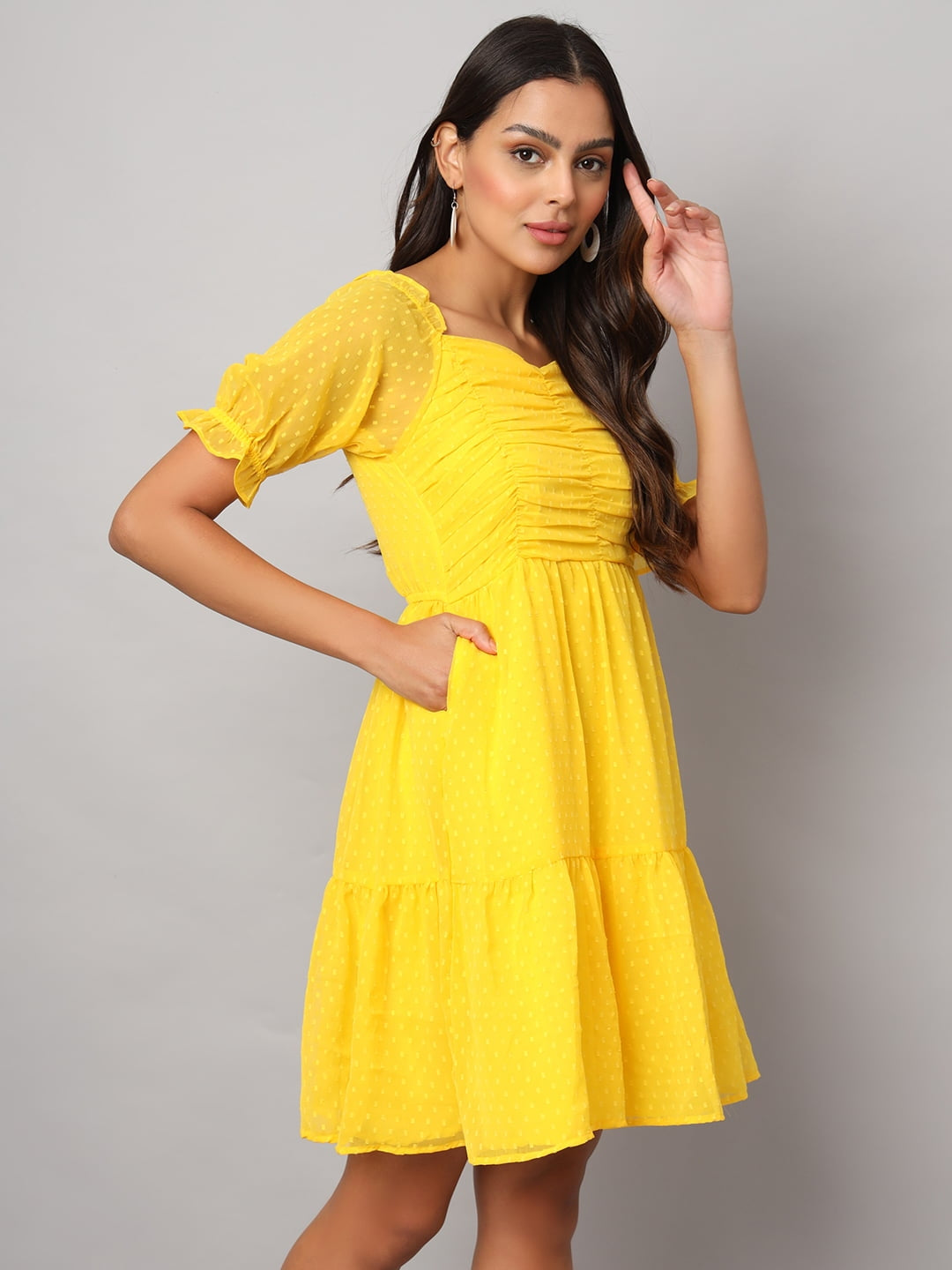 Yellow Chiffon Midi Western Dress with Pocket