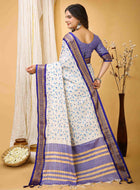 White-Blue Dola Silk Cotton Saree with leaf print