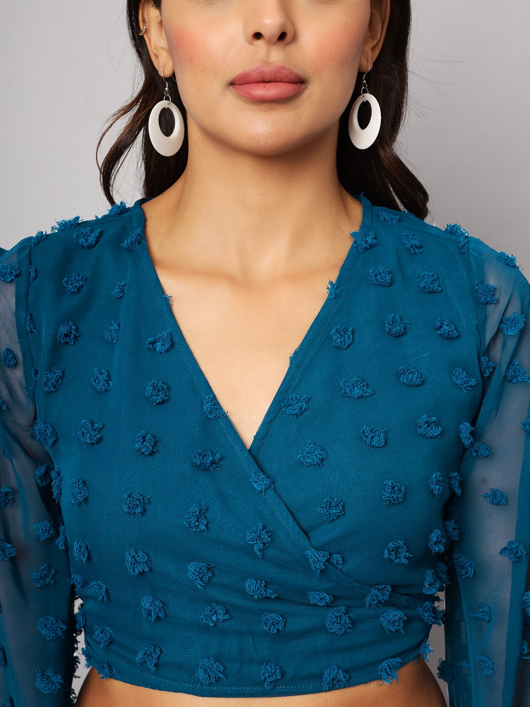 Georgette Angle Sleeve Teal Blue Wrap Top