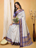 White-Blue Dola Silk Cotton Saree with leaf print