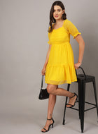 Yellow Chiffon Midi Western Dress with Pocket