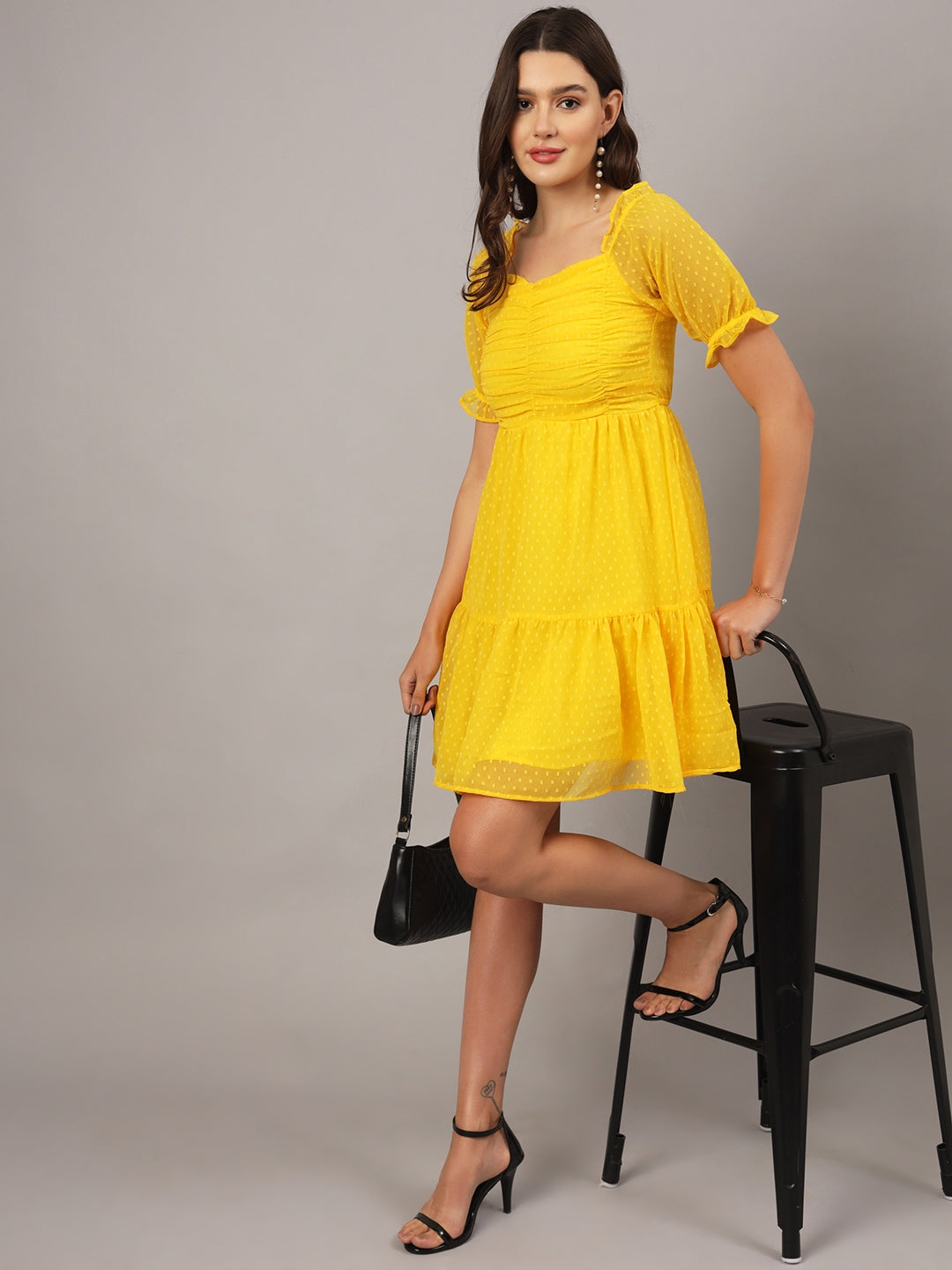 Yellow Chiffon Midi Western Dress with Pocket