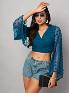 Georgette Angle Sleeve Teal Blue Wrap Top