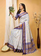 White-Blue Dola Silk Cotton Saree with leaf print