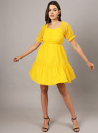 Yellow Chiffon Midi Western Dress with Pocket