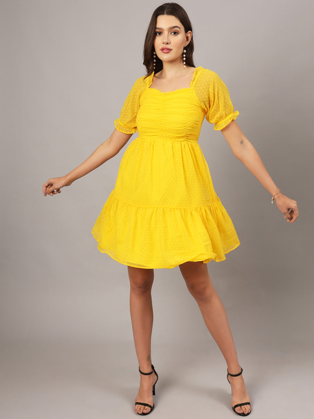 Yellow Chiffon Midi Western Dress with Pocket