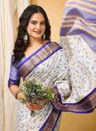 White-Blue Dola Silk Cotton Saree with leaf print