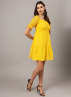 Yellow Chiffon Midi Western Dress with Pocket