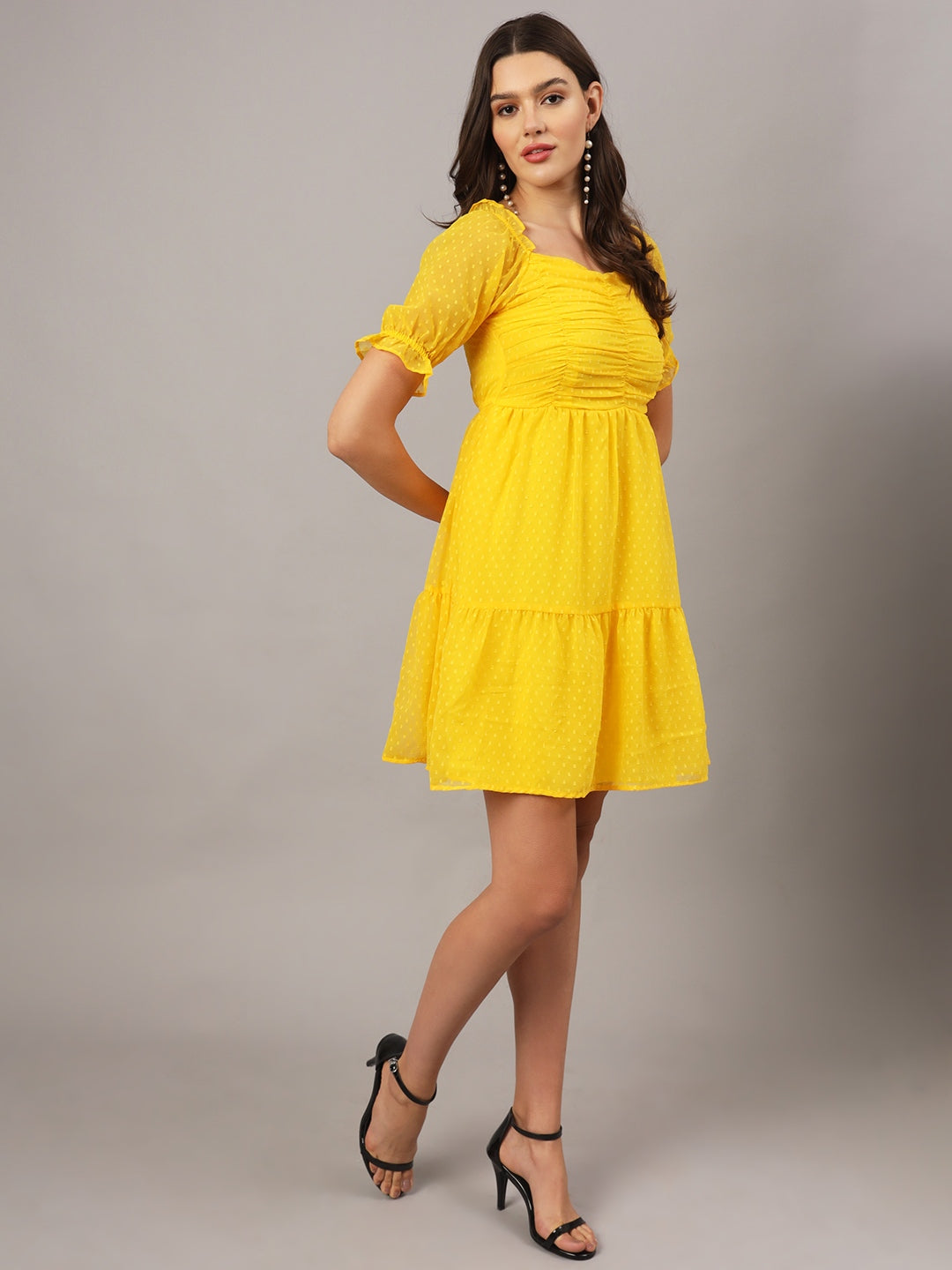 Yellow Chiffon Midi Western Dress with Pocket