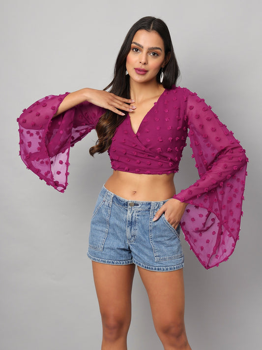 Georgette Angle Sleeve Wine Wrap Top