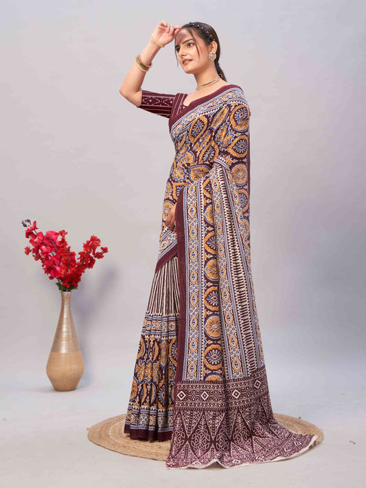 Brown Jaipuri cotton saree