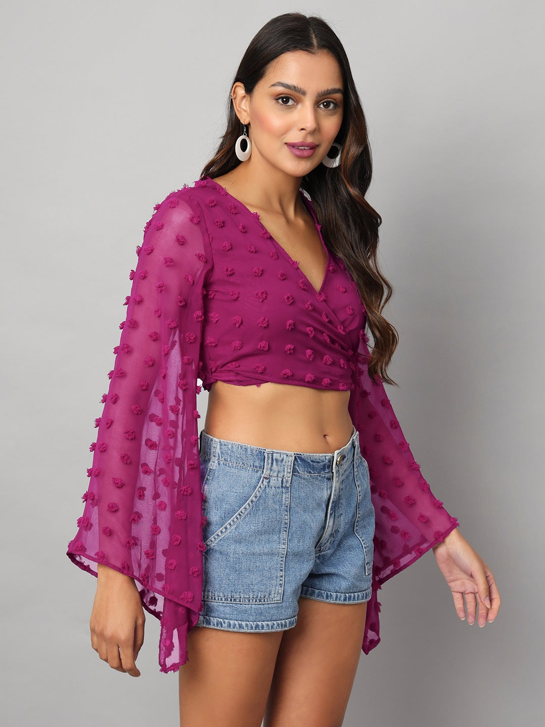 Georgette Angle Sleeve Wine Wrap Top