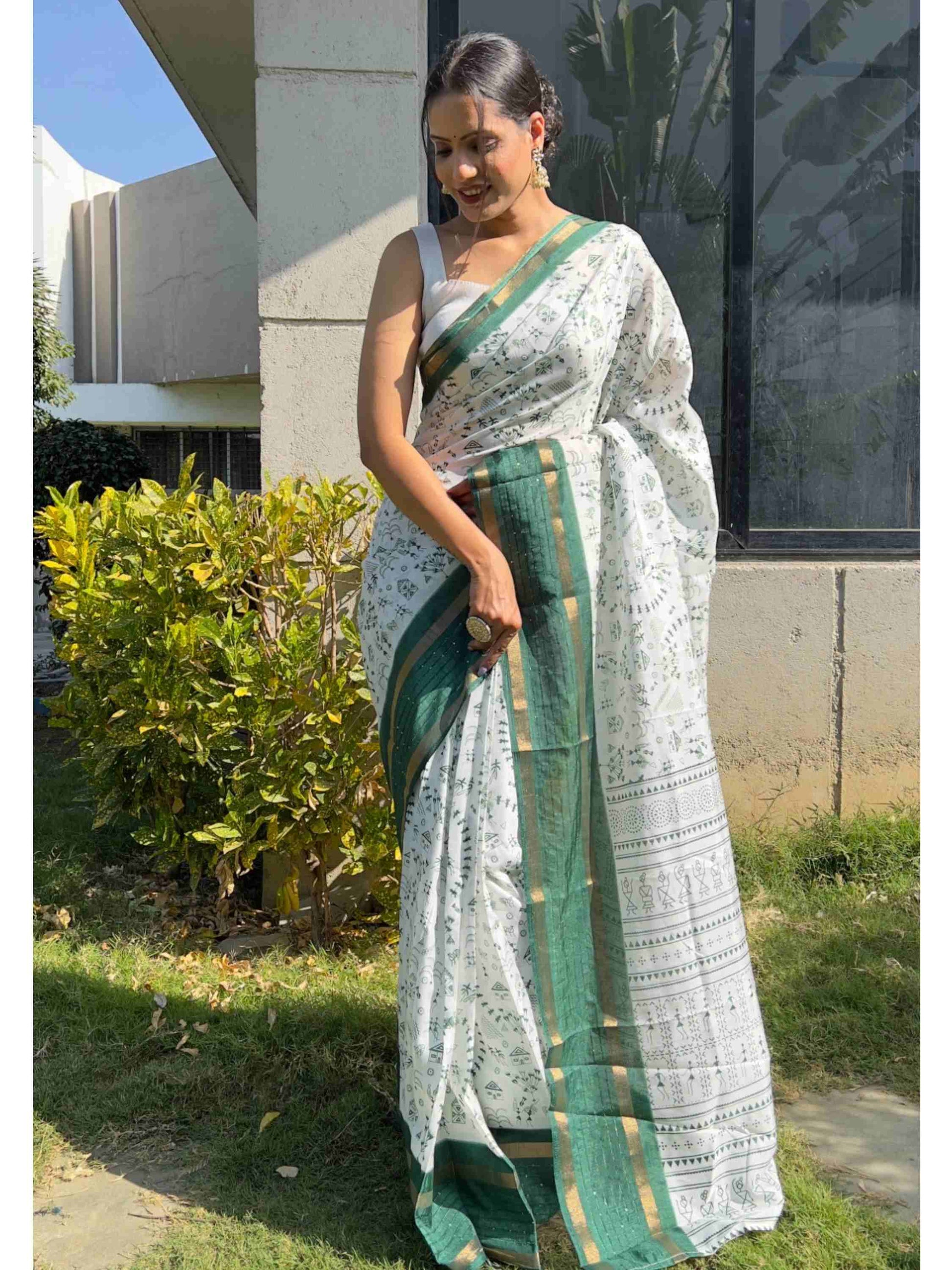 Cotton Saree White Green