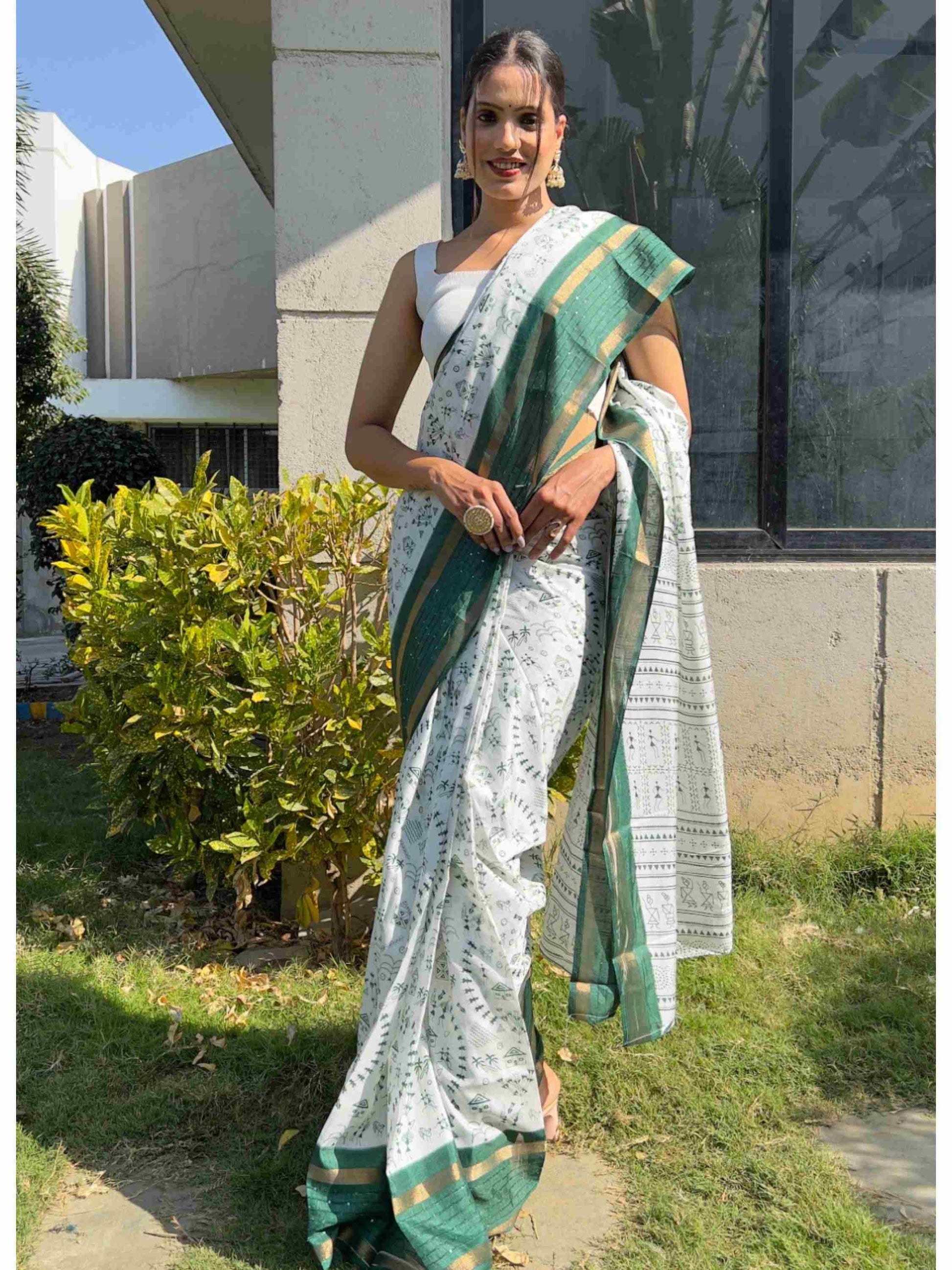 Cotton Saree White Green