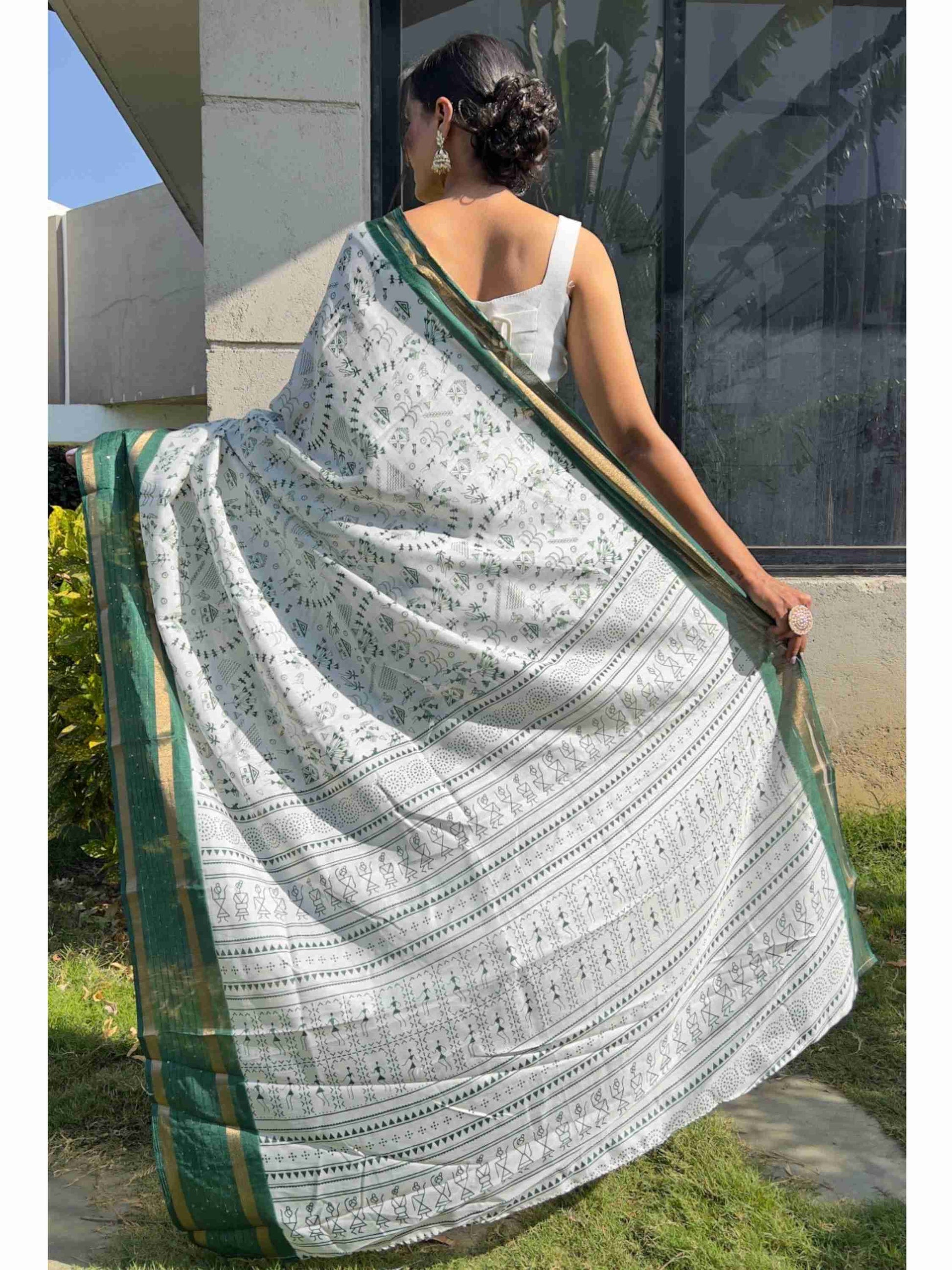 Cotton Saree White Green