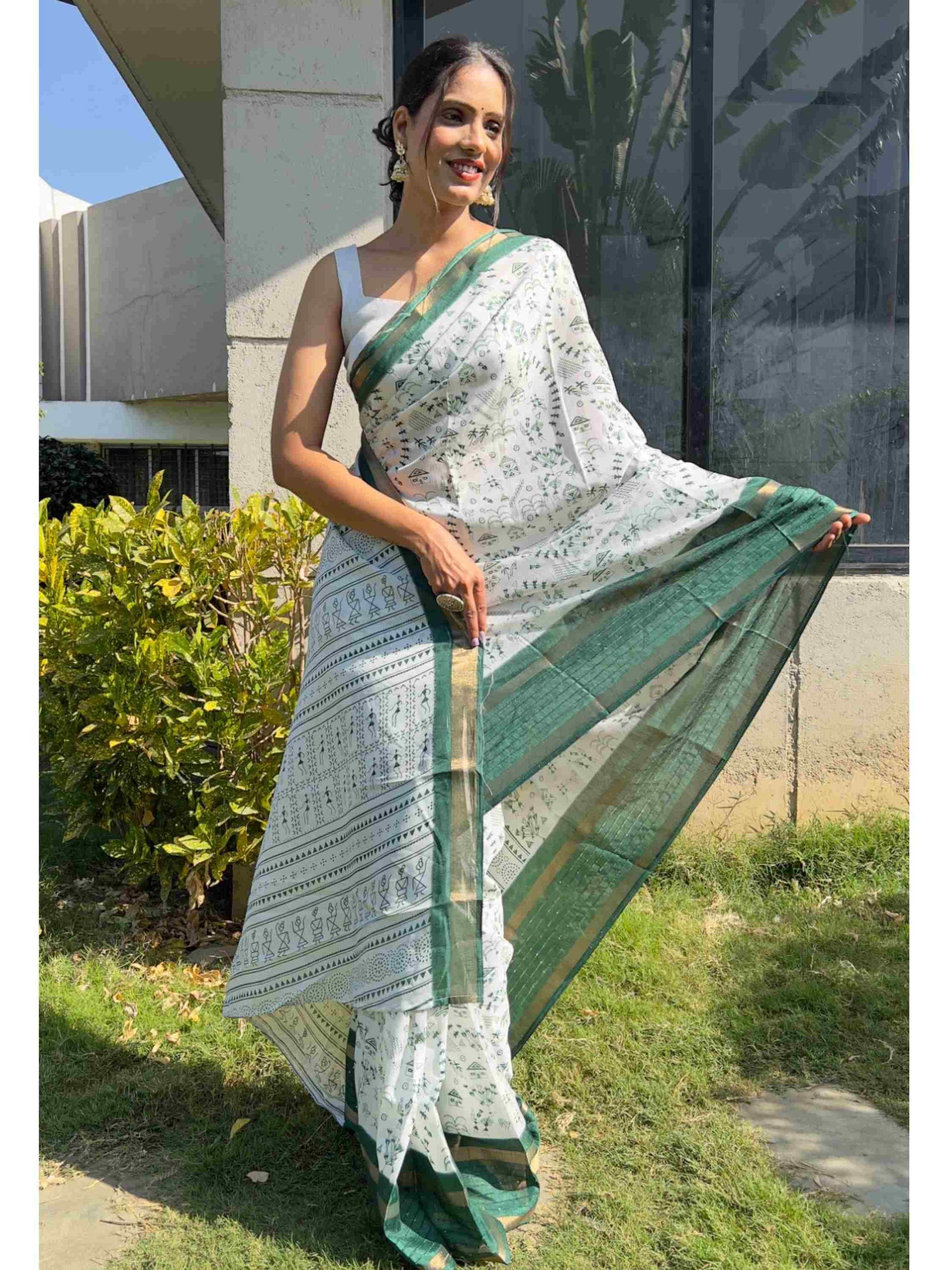 Cotton Saree White Green