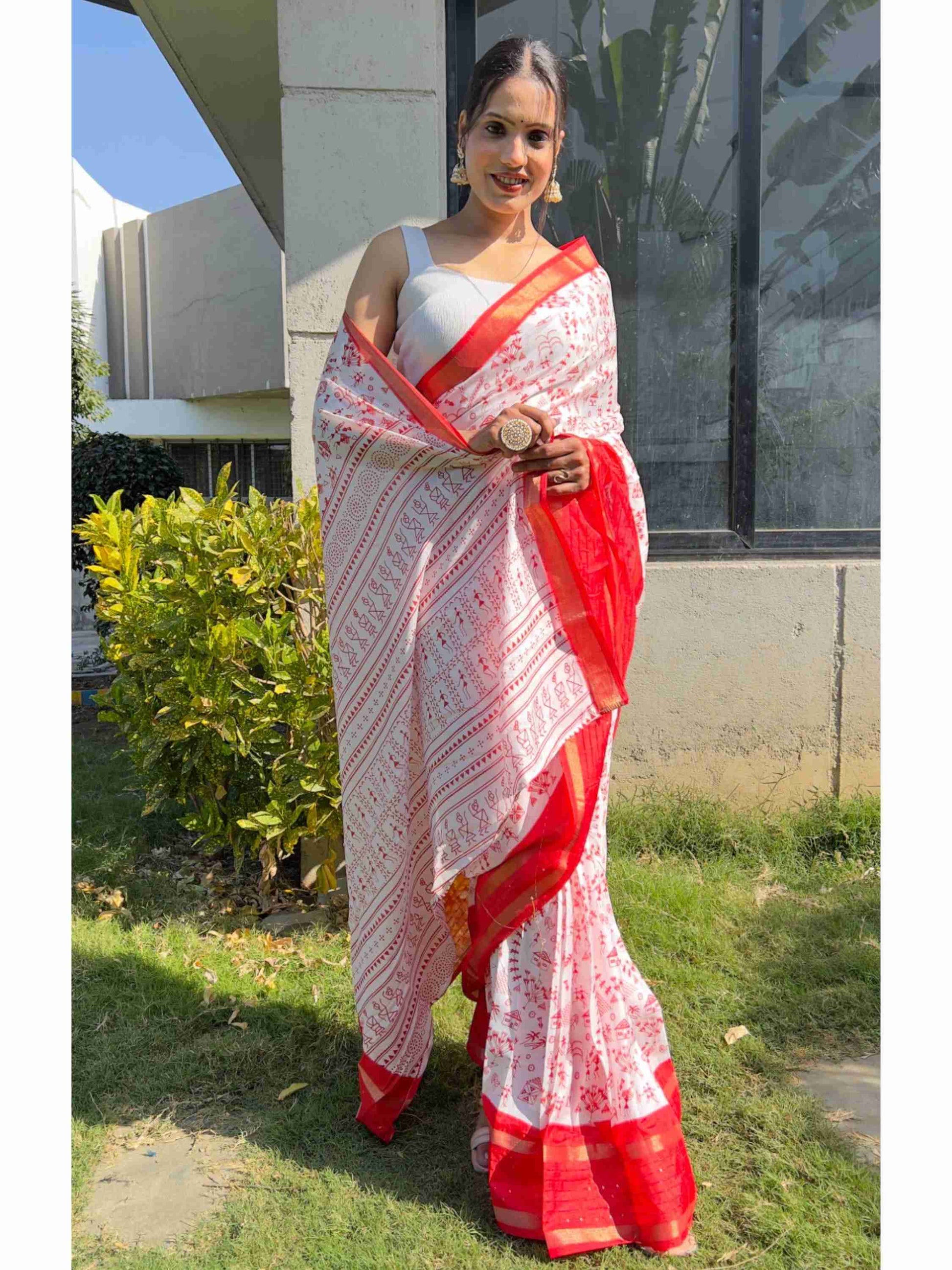 Cotton Saree White Red