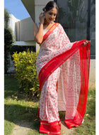 Cotton Saree White Red