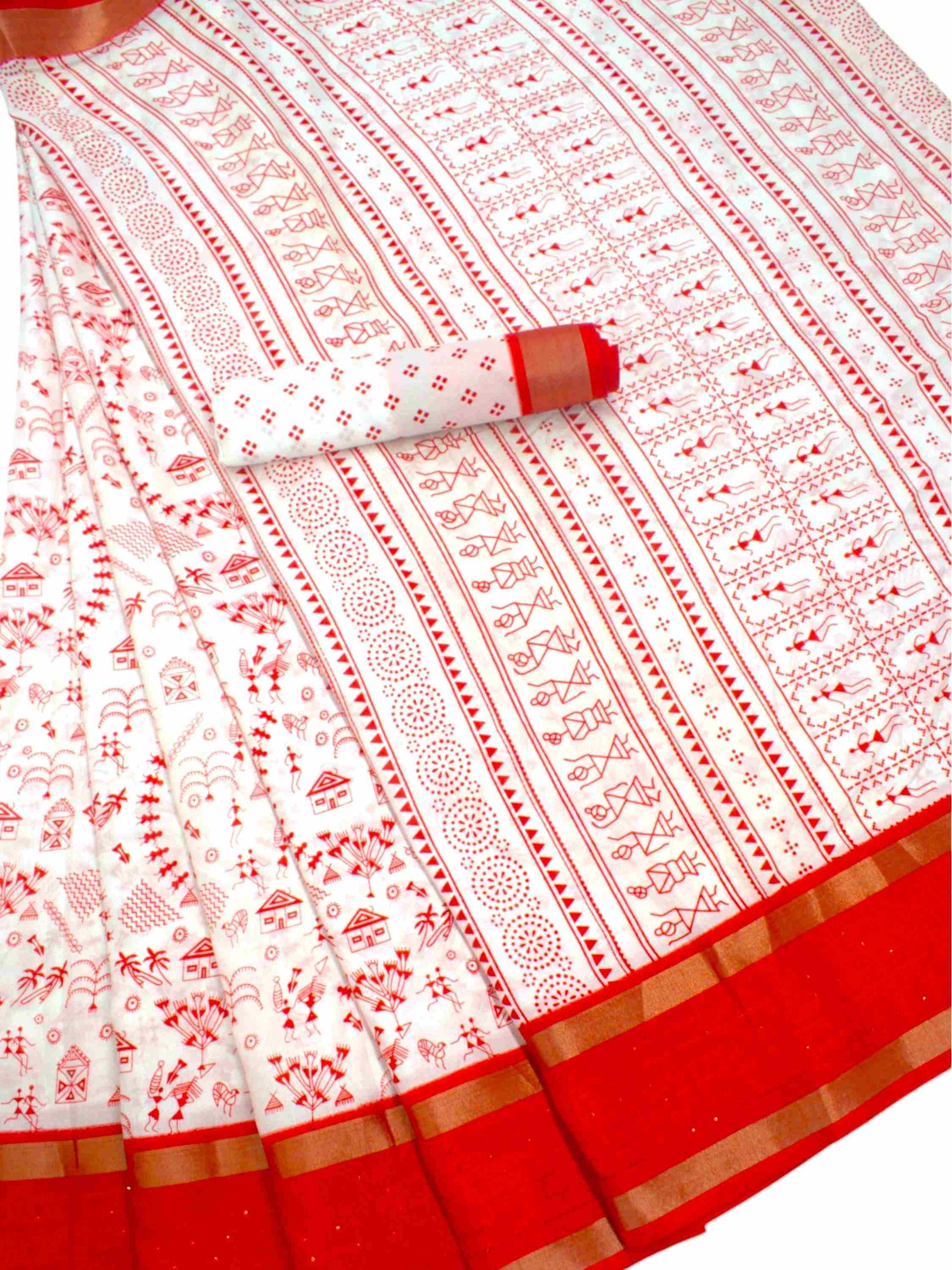 Cotton Saree White Red