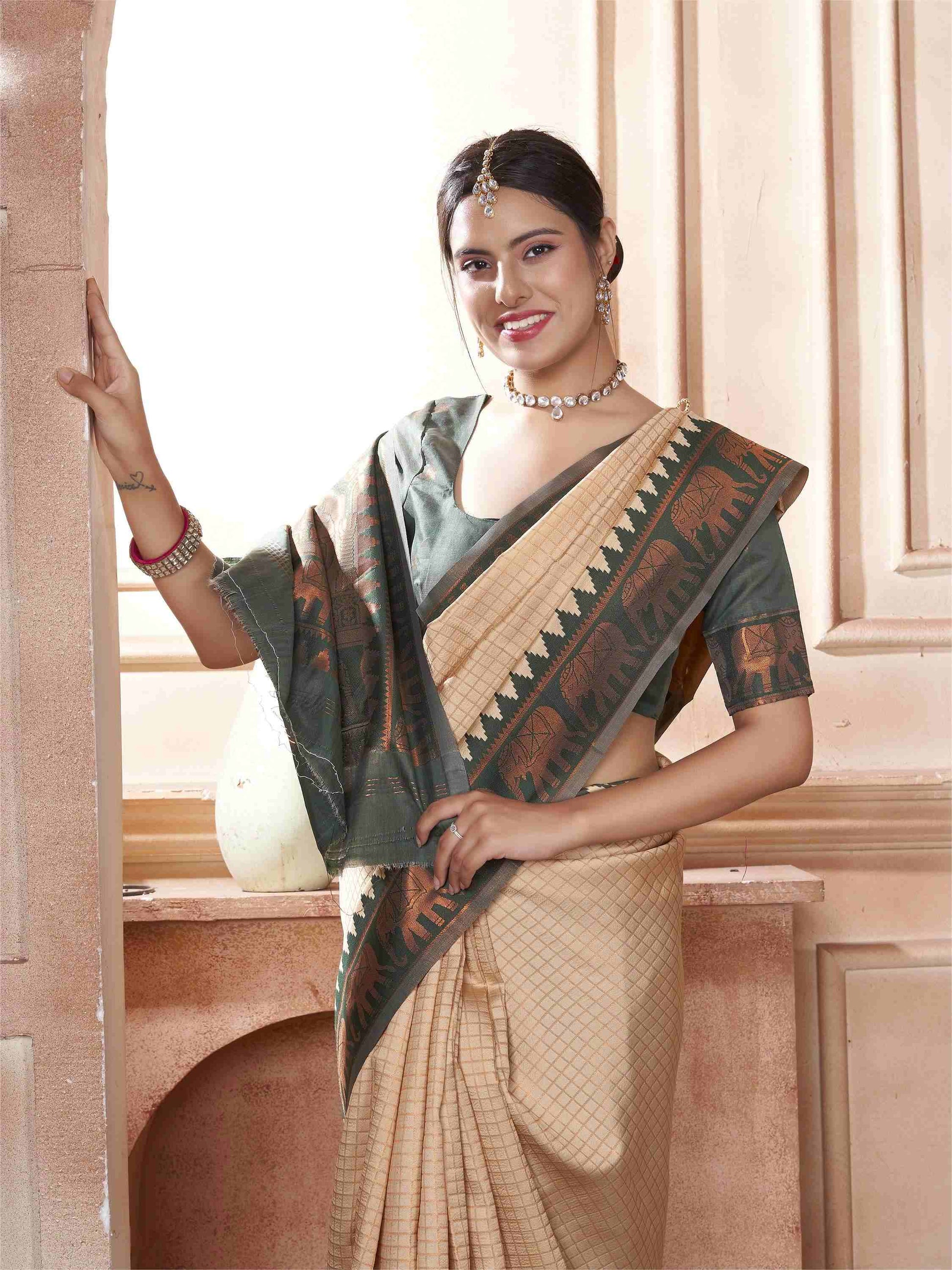 Cream Kanjivaram Silk Saree