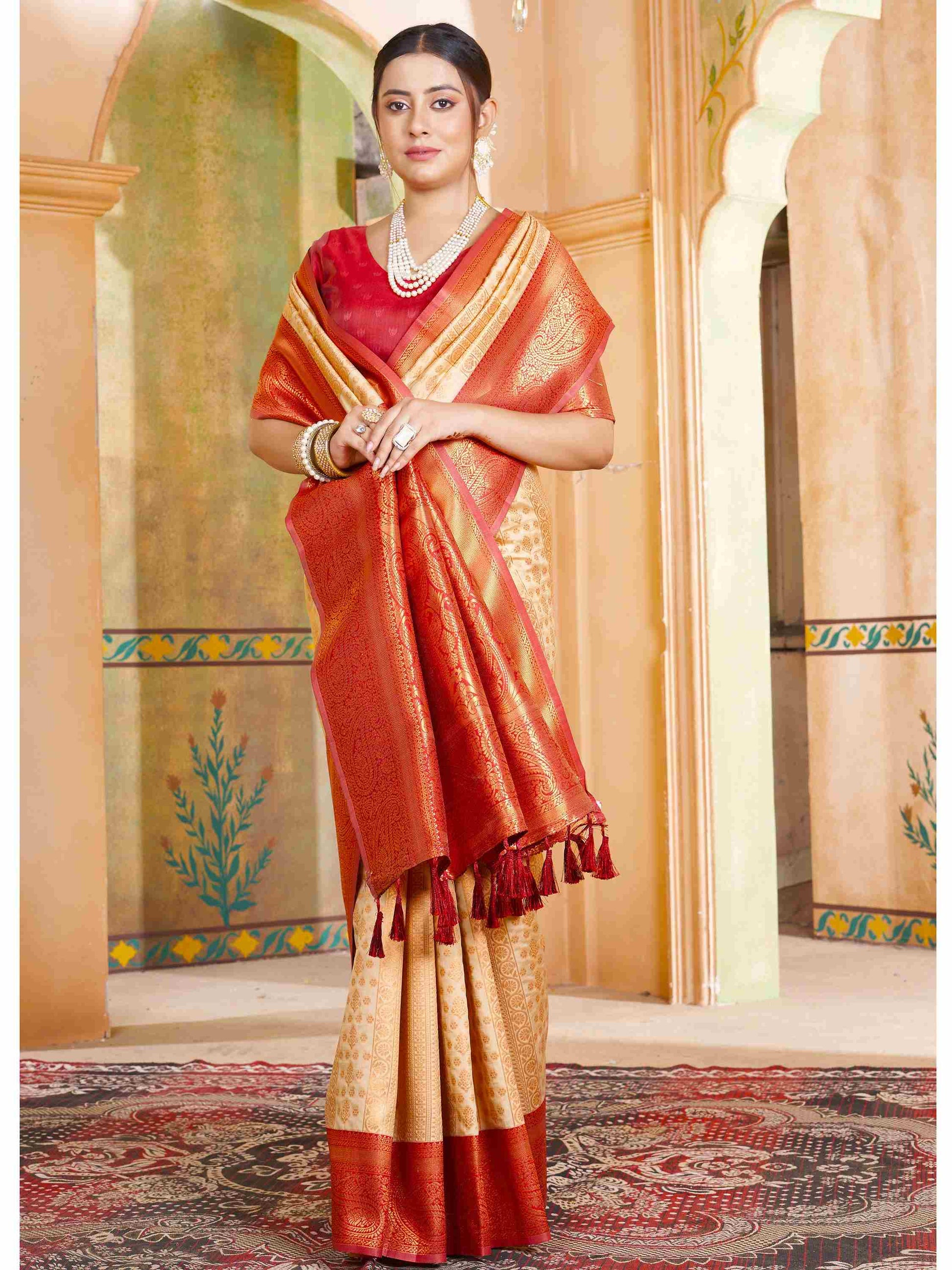 Cream Kanjivaram Silk Saree