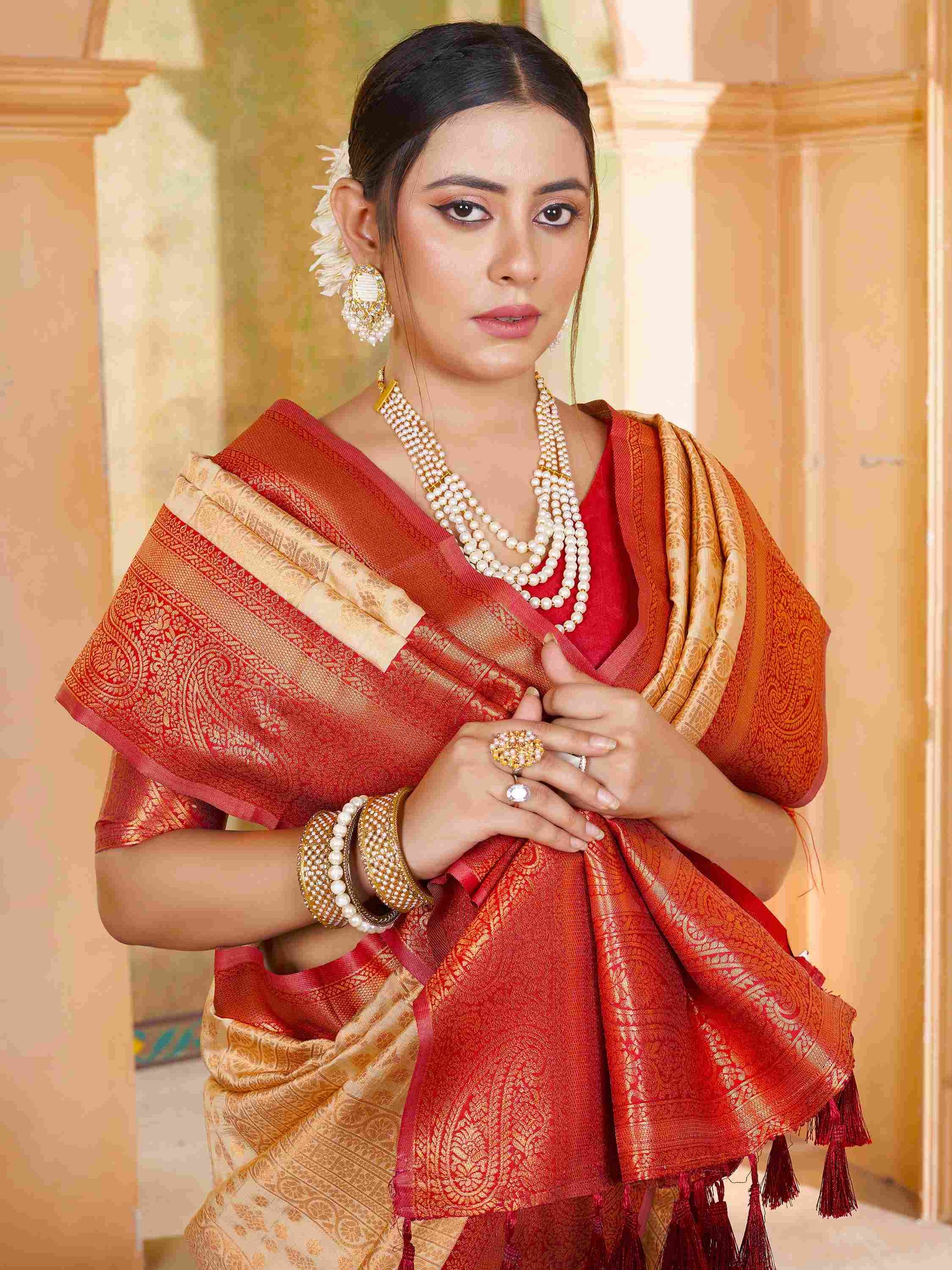 Cream Kanjivaram Silk Saree