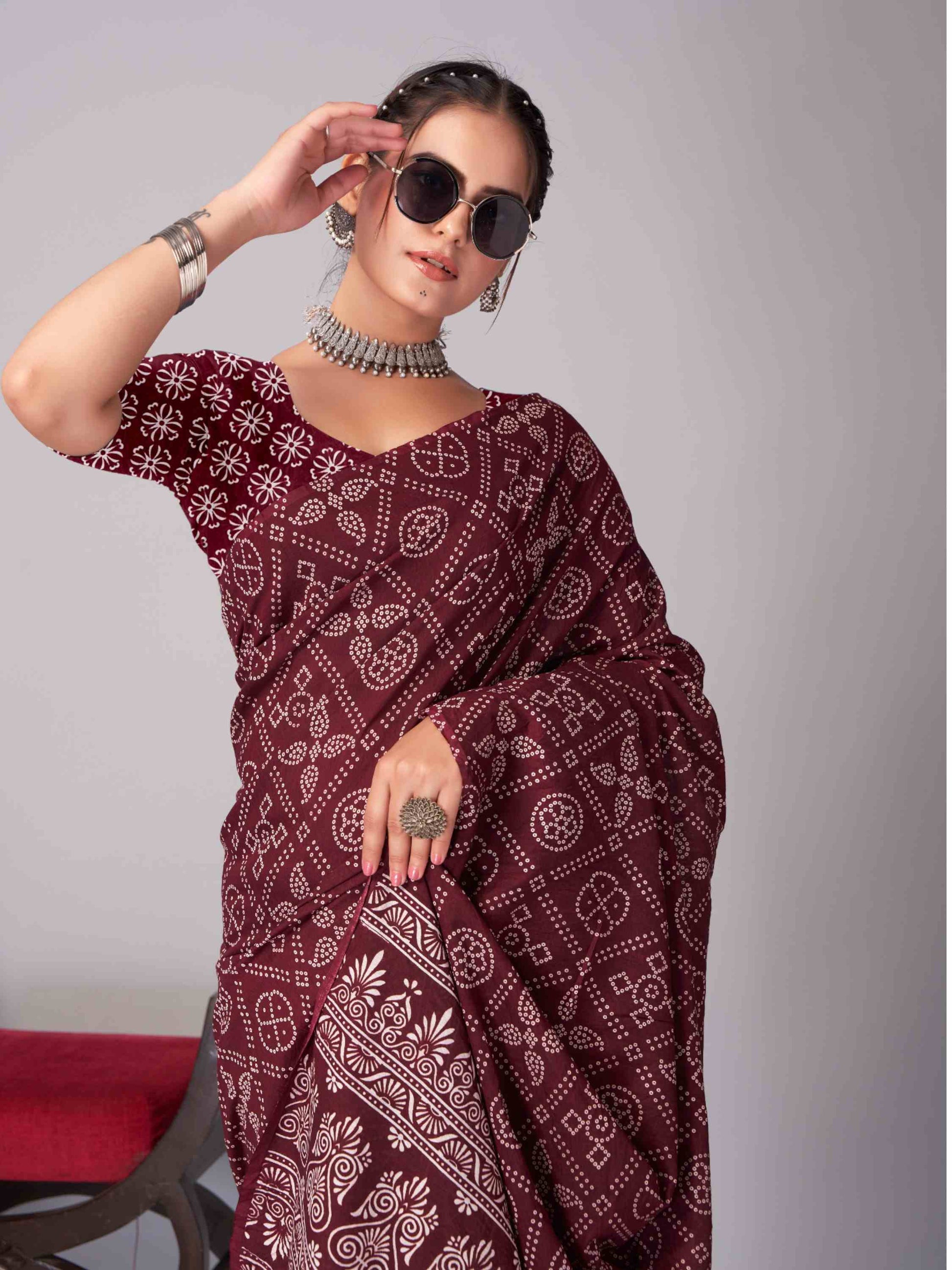 Maroon Jaipuri cotton saree