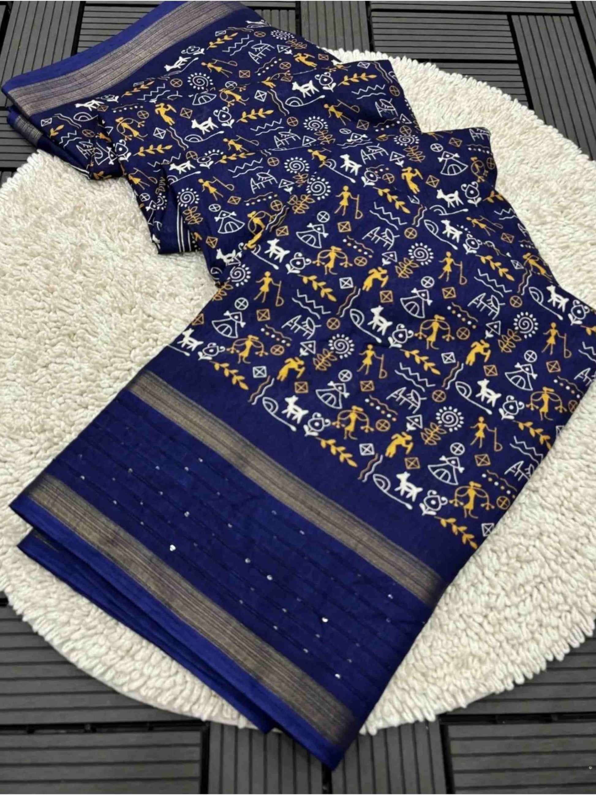 Navy Blue Cotton Dola Silk Saree
