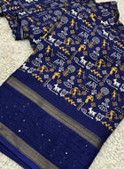 Navy Blue Cotton Dola Silk Saree