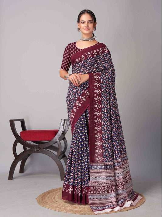 Navy Blue Jaipuri cotton saree