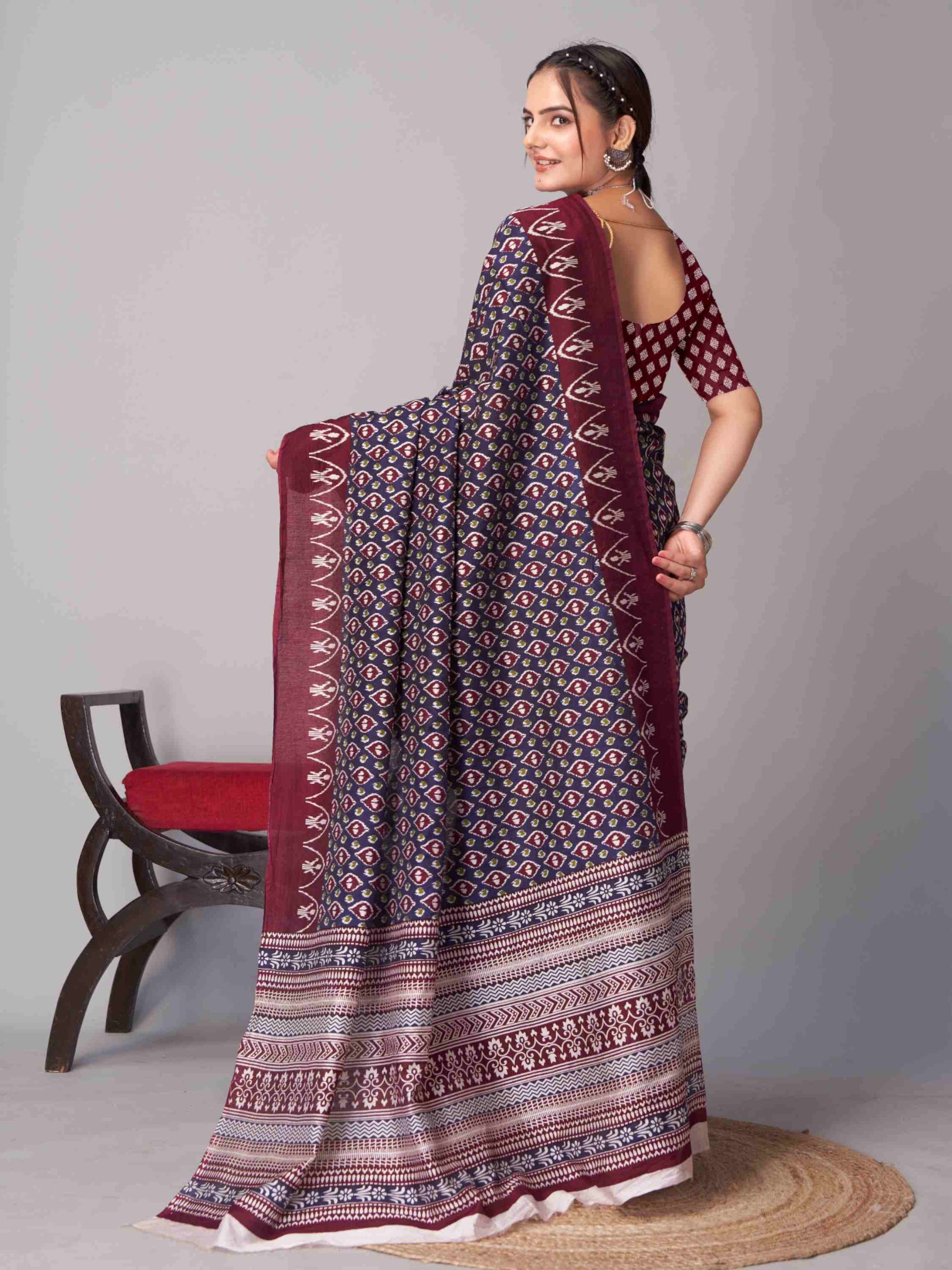 Navy Blue Jaipuri cotton saree