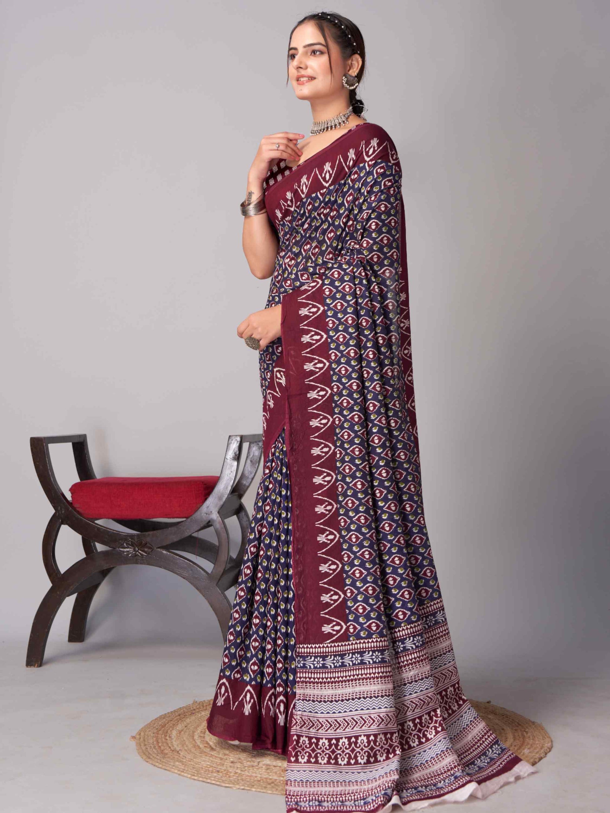 Navy Blue Jaipuri cotton saree