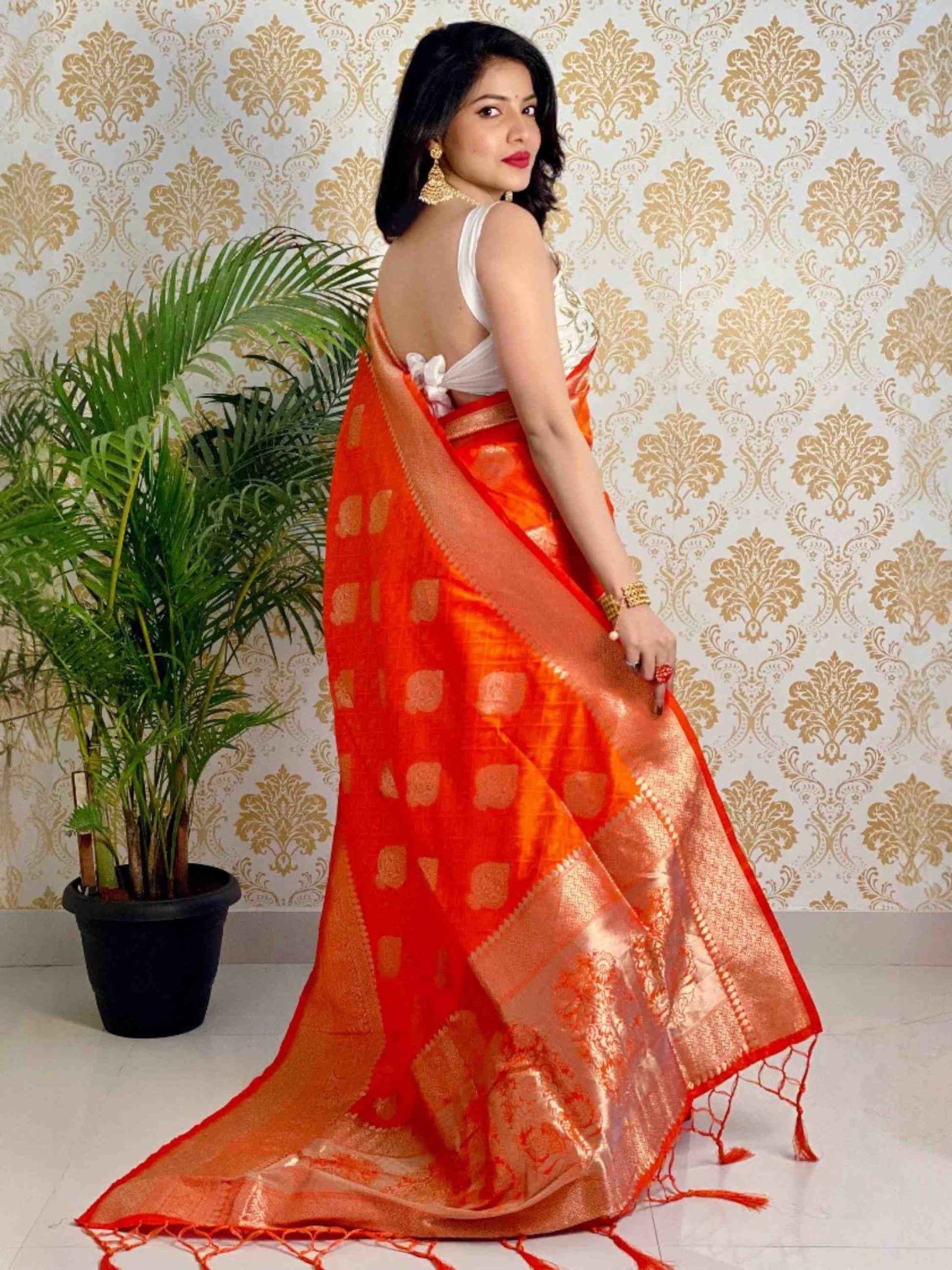 Orange Banarasi silk saree