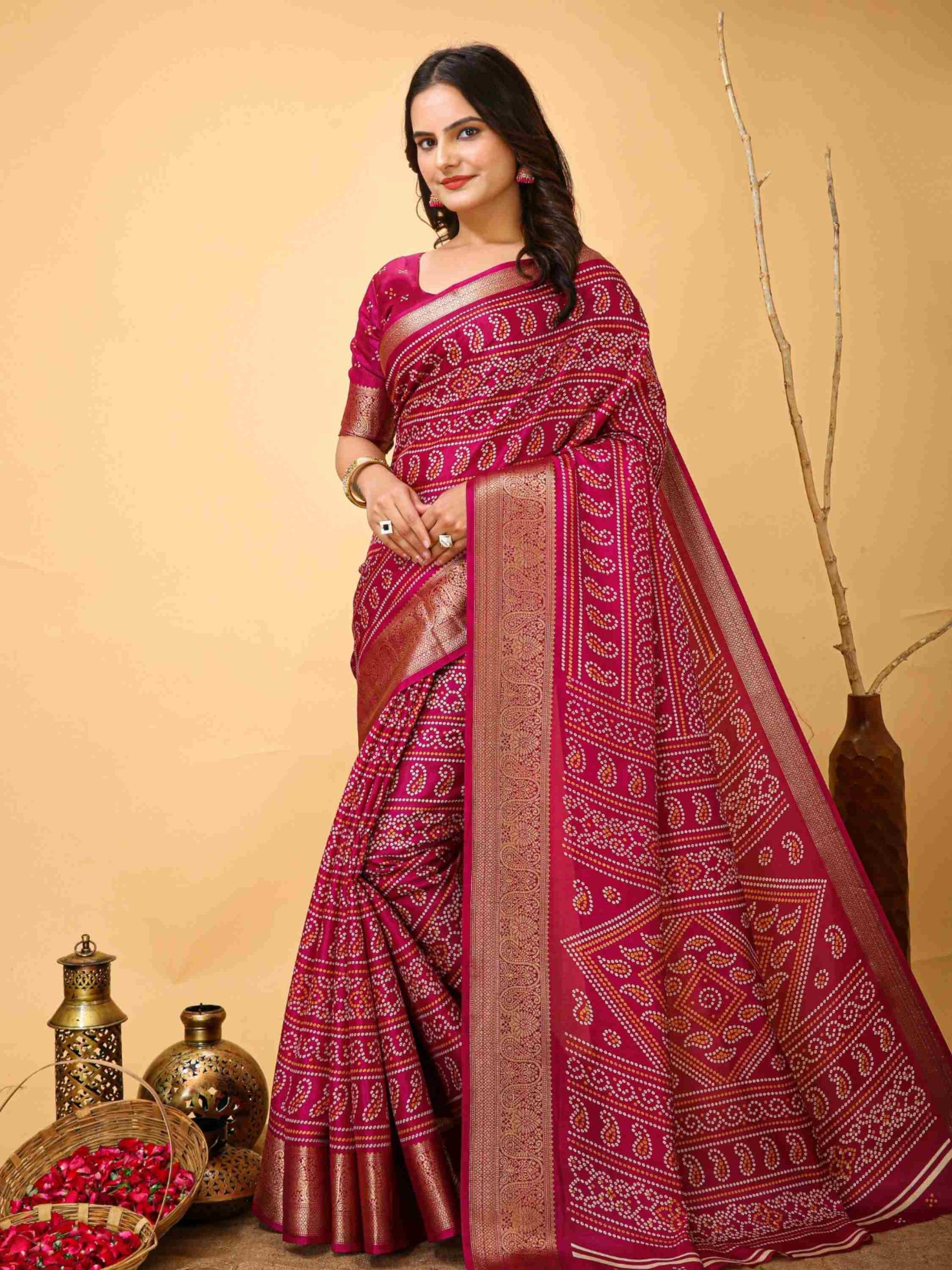 Pink Bandhani printed saree