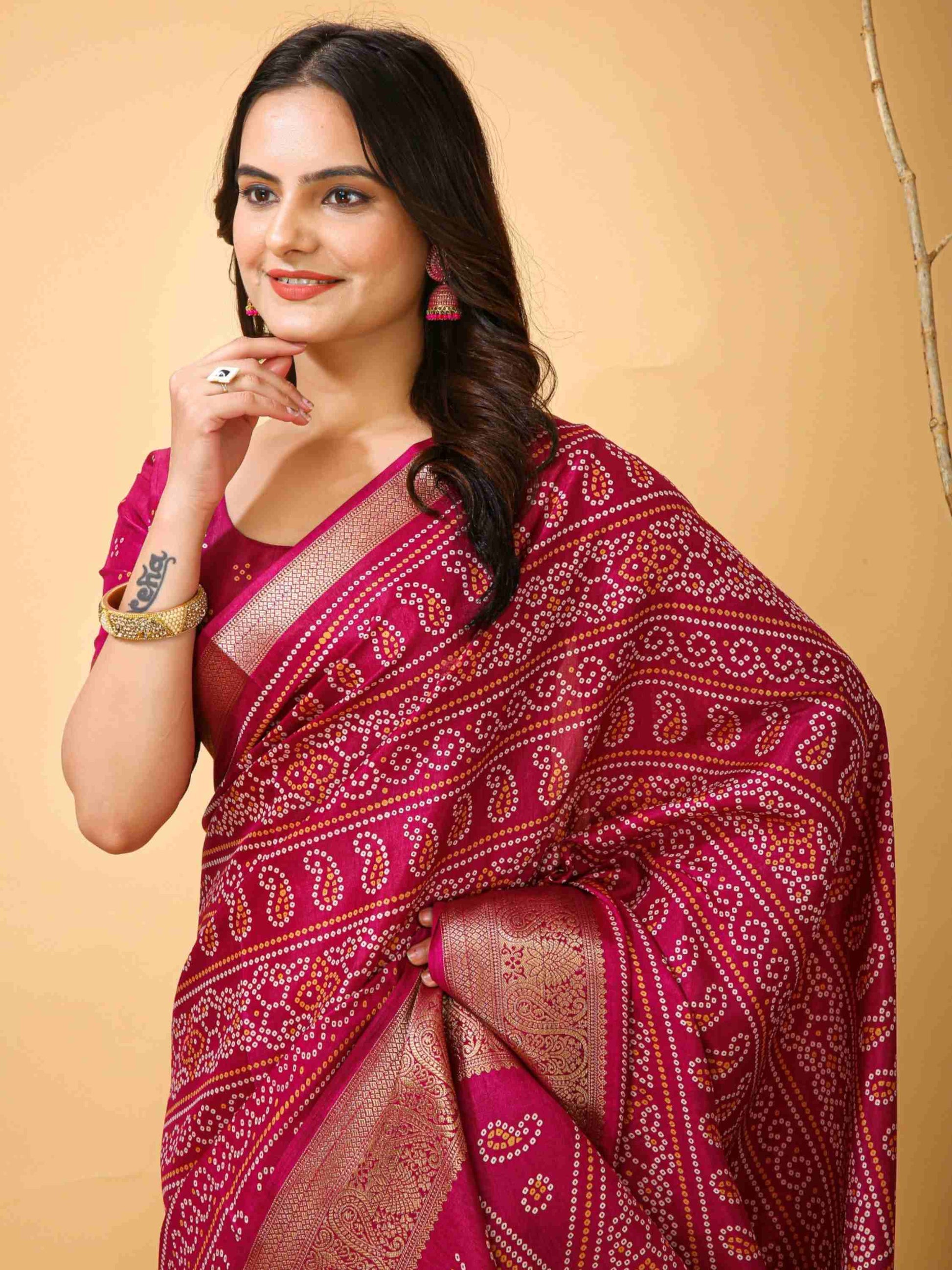 Pink Bandhani printed saree