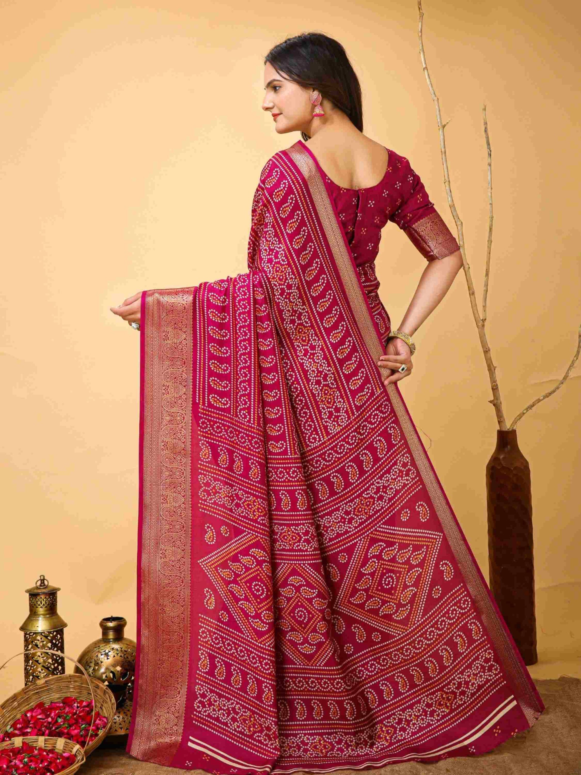 Pink Bandhani printed saree