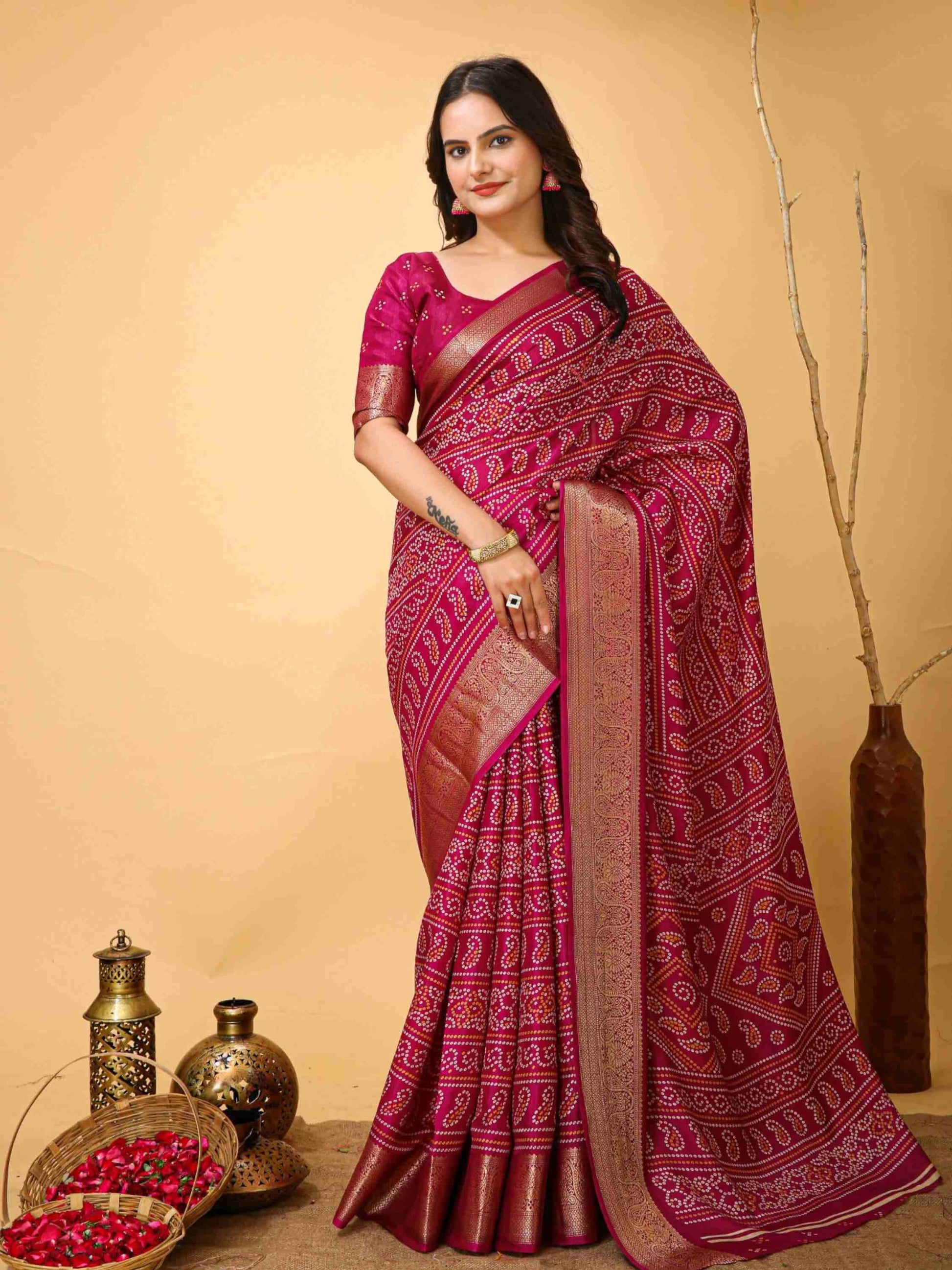 Pink Bandhani printed saree
