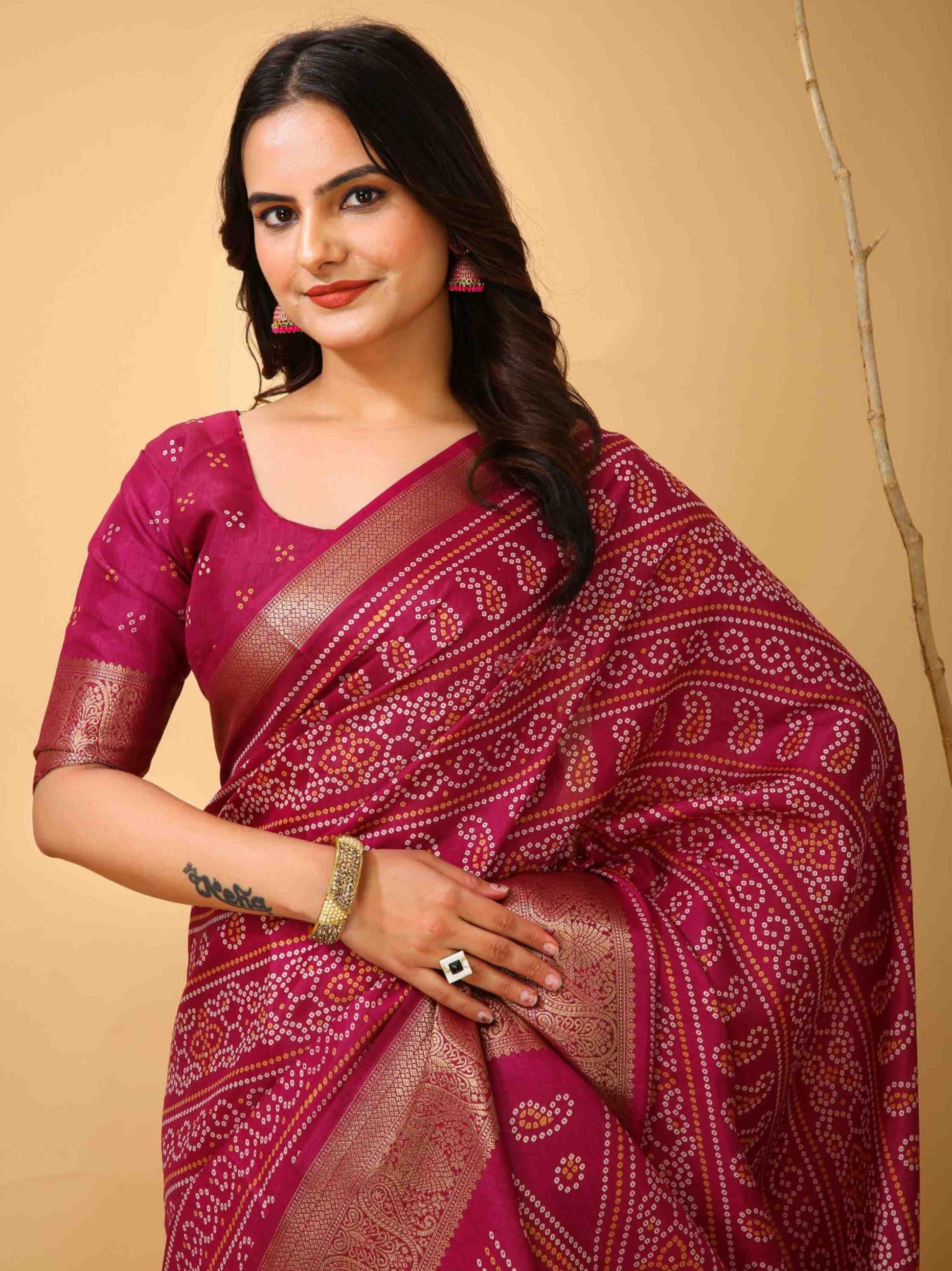 Pink Bandhani printed saree