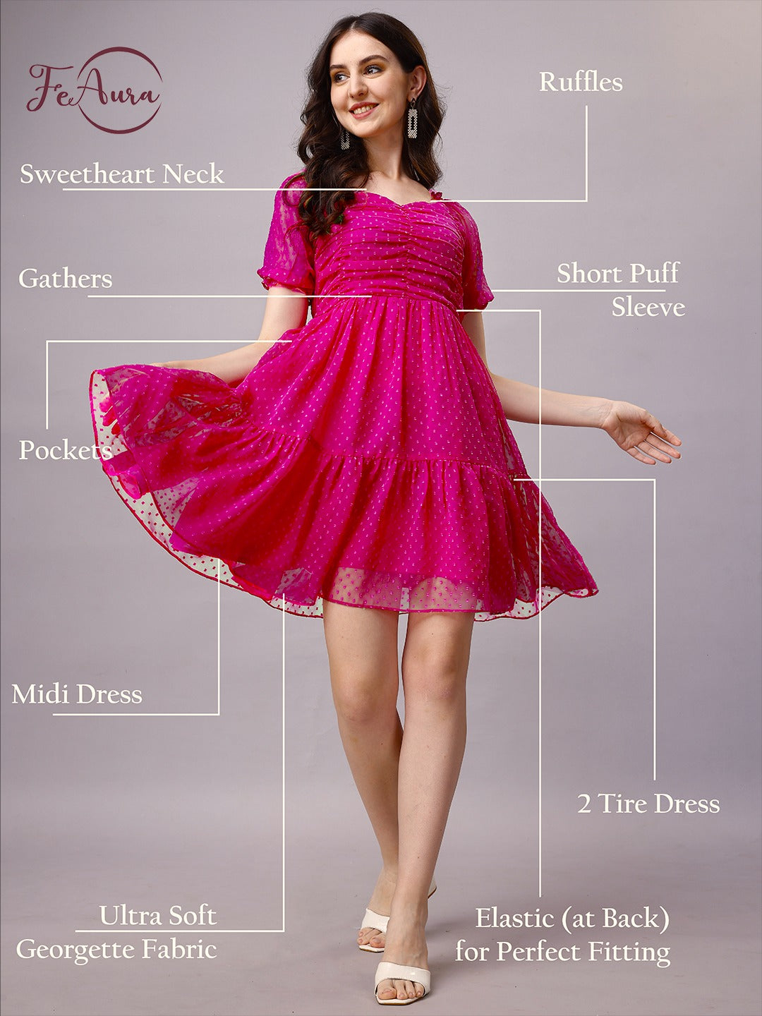 Pink Chiffon Midi Western Dress