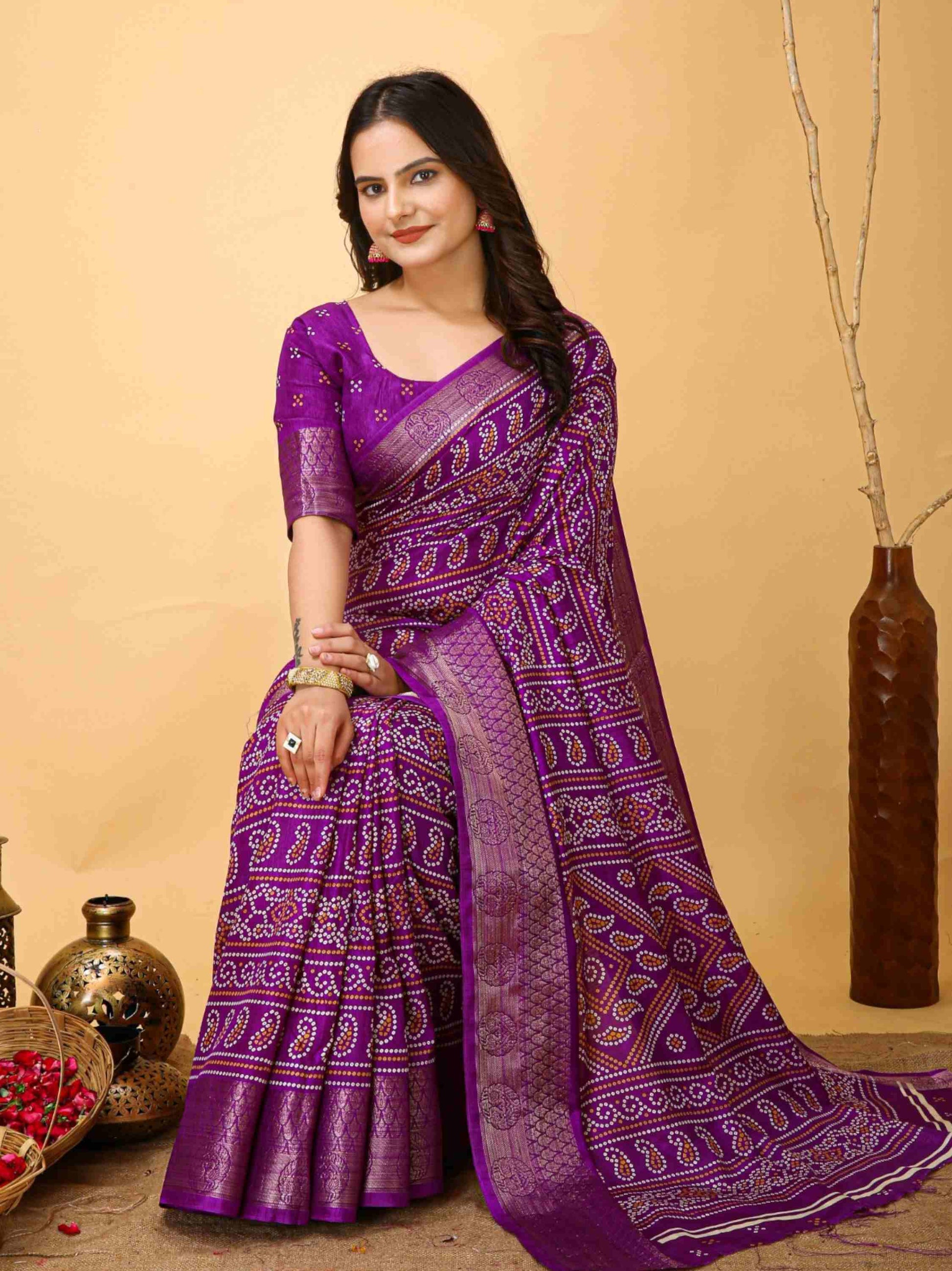 Purple Bandhani printed saree