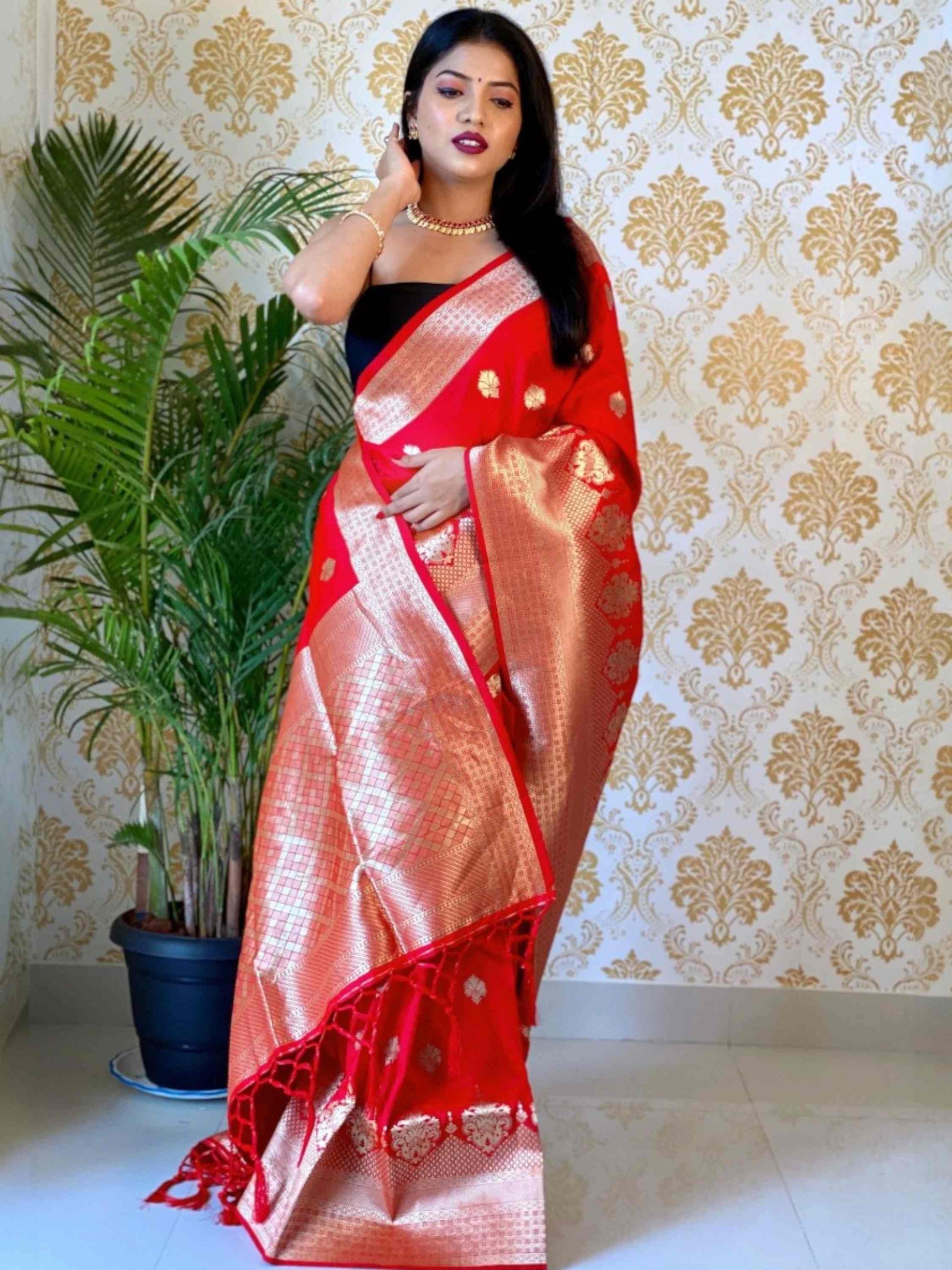 Red Banarasi silk saree