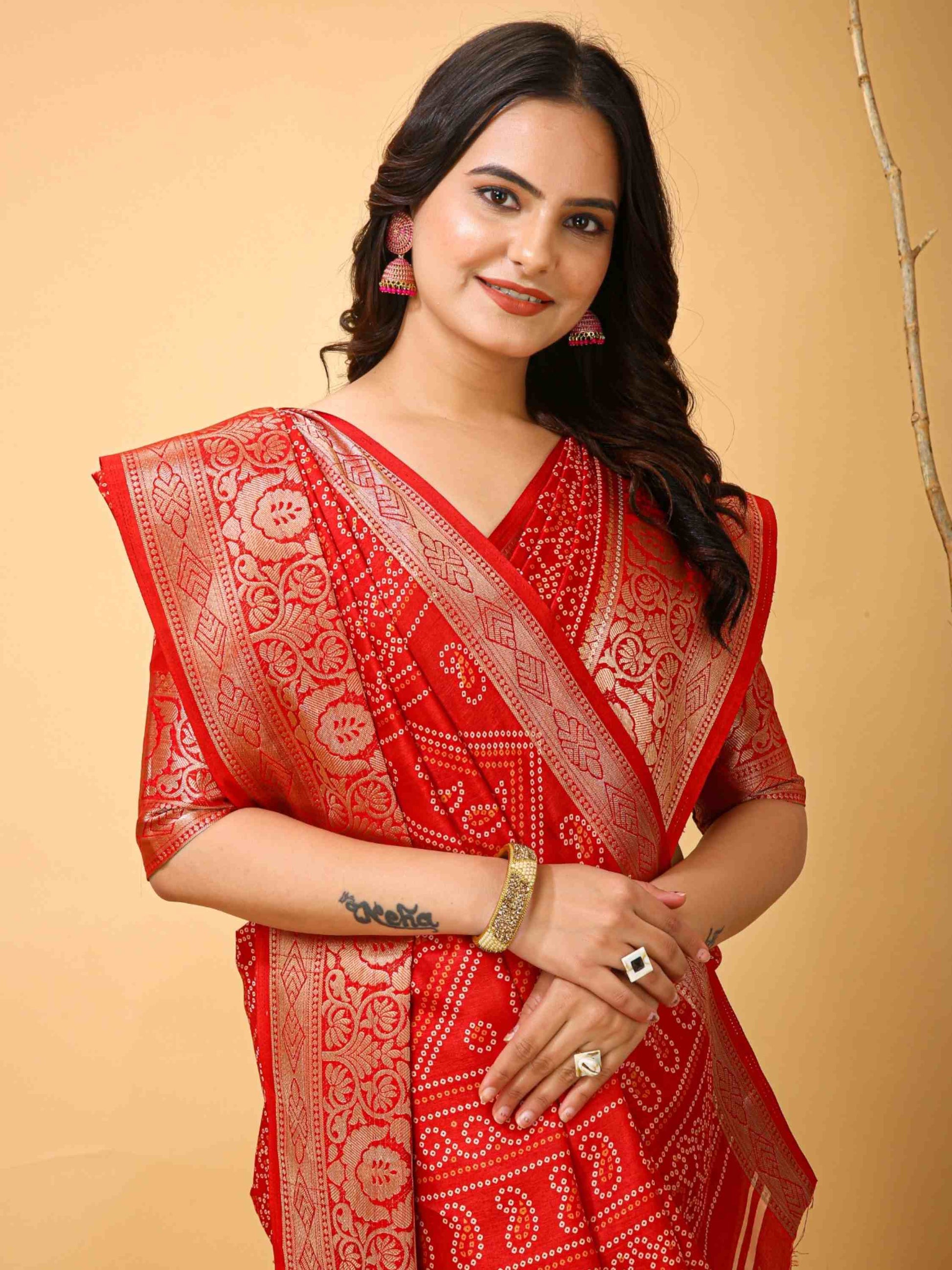 Red Bandhani Printed Saree