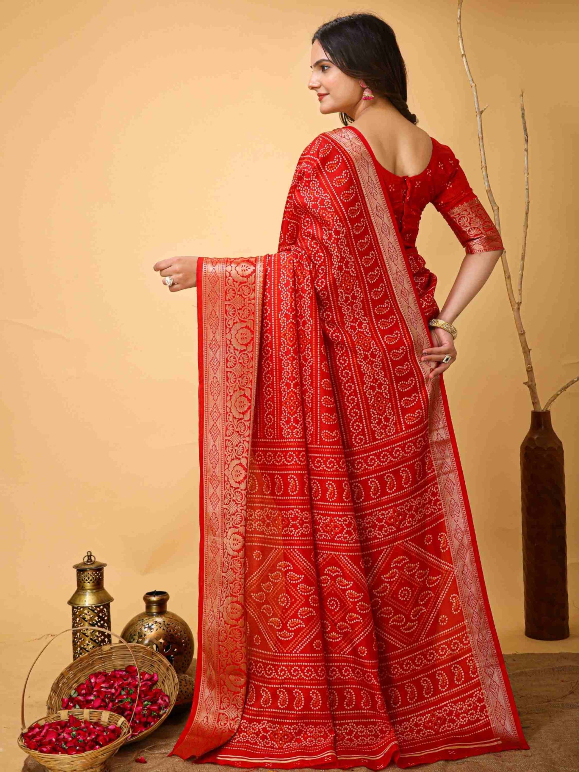 Red Bandhani Printed Saree